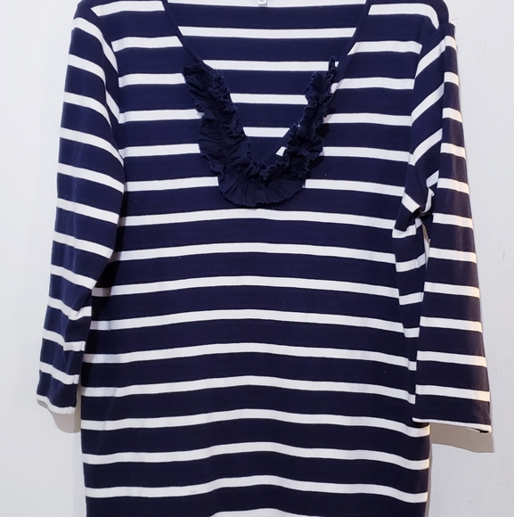 Navy & White Striped Top w/Ruffled Neck line - Picture 3 of 5